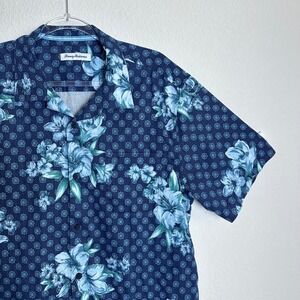 Tommy Bahama Mens Blue Floral Silk Coolmax Short Sleeve Button Down Shirt Large